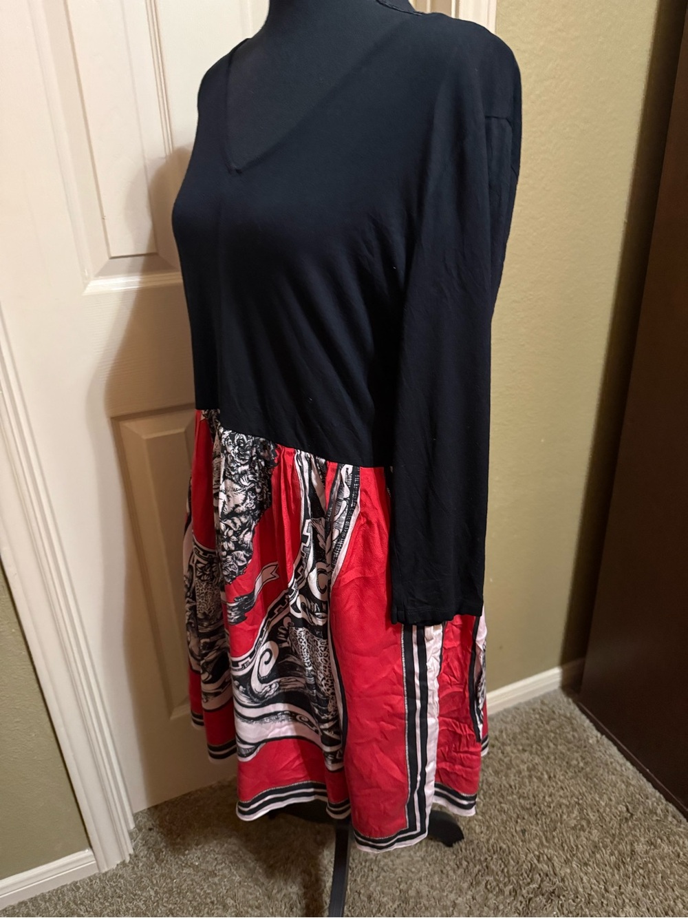 DKNY Black Top with Red and White Patterned Midi Silk Scarf Dress